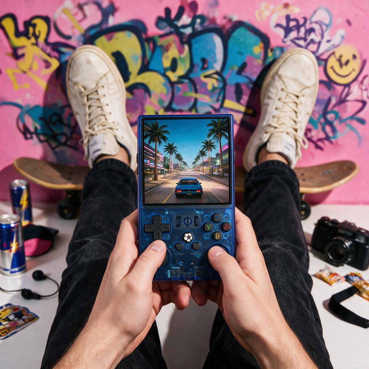 A person holds a blue R36max handheld gaming console with a screen showing a palm-tree street scene. Their legs and feet are visible, along with sneakers, a skateboard, a camera, earphones, and a colorful graffiti wall in the background.